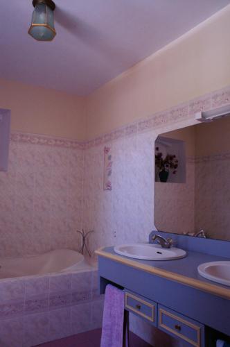 La salle de bains est pourvue d'une baignoire, d'un lavabo et d'une chambre. dans l'établissement Chambres du Manoir de Blanche Roche, à Saint-Jouan-des-Guérets