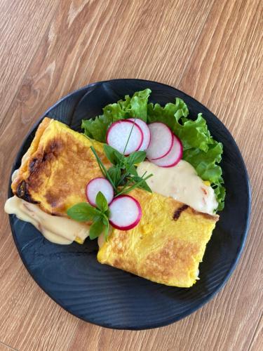 a plate of food with a sandwich and radishes on it at UpeNes in Lubāna