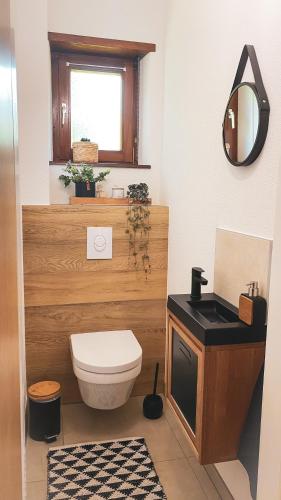 une salle de bain avec toilettes et miroir dans l'établissement La Araucania, 2 personnes - WIFI, à Rombach-le-Franc