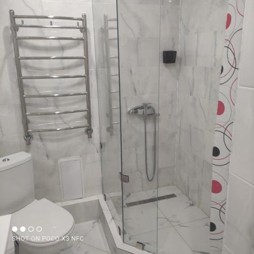 a bathroom with a glass shower with a toilet at Атмосферная квартира в центре in Odesa