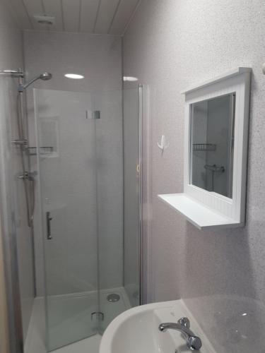 uma casa de banho com um chuveiro, um lavatório e um espelho. em Skeabostview Brand New Self catering em Skeabost