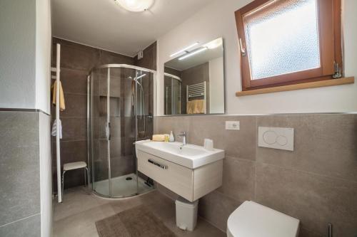 een badkamer met een wastafel, een douche en een toilet bij Hahnenkamm Rainegg in Schenna