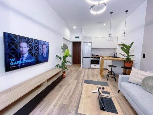 a living room with a couch and a tv on a wall at Polonia ART Apartments in the City Center in Katowice
