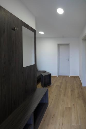 an empty room with a mirror and a wooden floor at Vinařství Herůfek in Zaječí