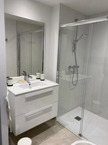 une salle de bain avec un lavabo et une douche dans l'établissement Les Remparts, cœur de ville La Rochelle, à La Rochelle