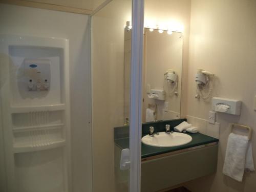 a bathroom with a sink and a mirror at South Park Motel in Masterton