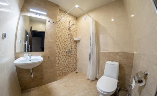 a bathroom with a toilet and a sink and a shower at Family Hotel Konstantinovi in Kyustendil