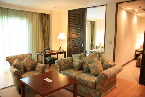 a living room with a couch and chairs and a table at Kyu Karuizawa Hotel Otowa No Mori in Karuizawa