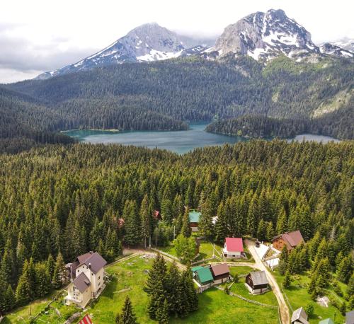 an aerial view of a resort with a lake and mountains at Apartment Durmitor in Žabljak