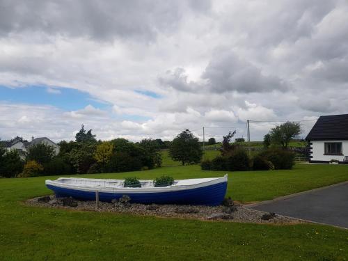 a blue and white boat sitting in the grass at Corrib View Lodge in Glencorrib
