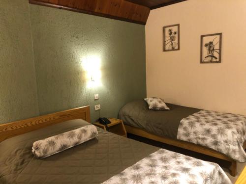 a small room with two beds in a room at Asimina Guesthouse, Eptalofos Parnassos in Eptalofos