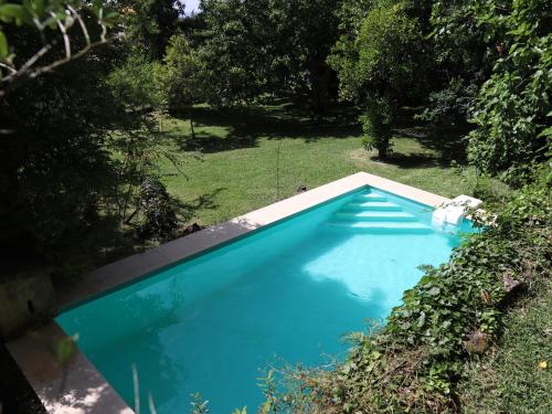 an overhead view of a blue swimming pool at Eco-Hostel Quinta das Relvas in Branca