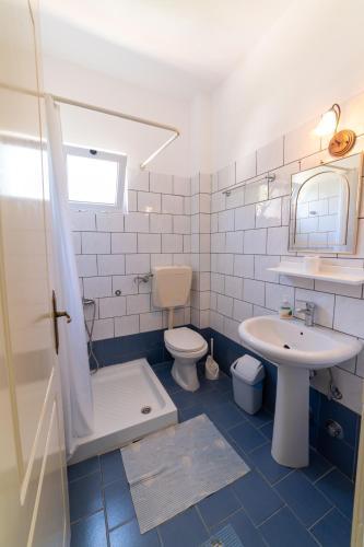 a bathroom with a sink and a toilet and a shower at Lambrini Studios in Parga