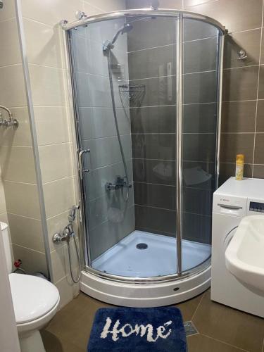 Orbi Sun&Sea Apartment في باتومي: دش في حمام مع مرحاض ومغسلة