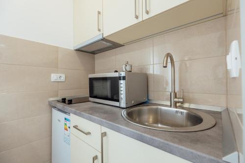 eine Küche mit einer Spüle und einer Mikrowelle in der Unterkunft Todorovic apartmani in Herceg-Novi