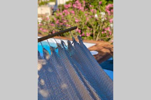 a bunch of blue net with pink flowers in the background at The Summer Pink House in Lachania