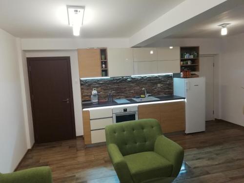 kuchnia z zielonym krzesłem i lodówką w obiekcie Ema guest house w Warnie
