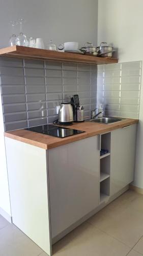 a kitchen with a sink and a counter top at Willa Abrazja - wypoczynek dla dorosłych in Jastrzębia Góra