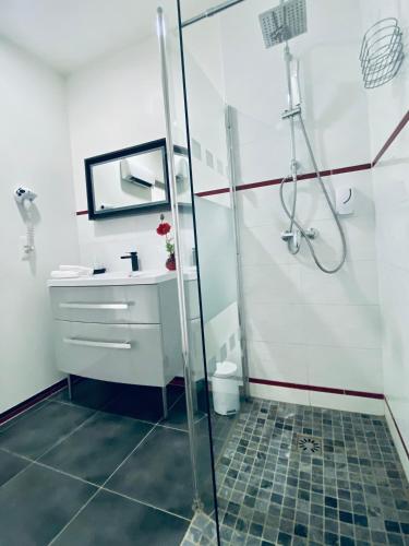 a bathroom with a shower and a sink at Hotel Air-lane in Saint-Léger-sous-Brienne