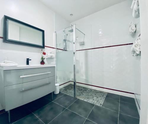 a bathroom with a glass shower and a sink at Hotel Air-lane in Saint-Léger-sous-Brienne