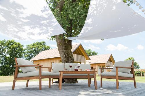 two chairs and a coffee table under a tree at Hiša iz volne in Moravske Toplice