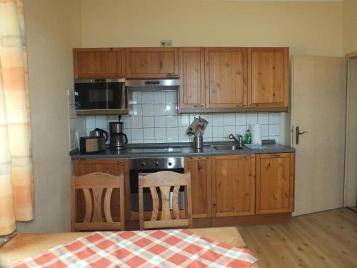 a kitchen with wooden cabinets and a sink and a stove at Pension am Elberadweg in Radebeul