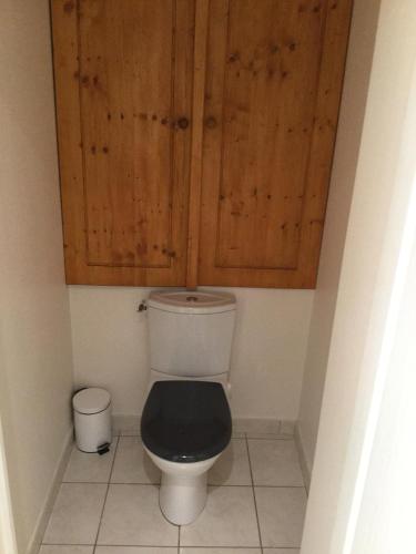 a bathroom with a toilet with a wooden cabinet at Demeure Saint Martin in Sourdun