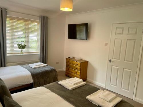 a bedroom with two beds and a tv on the wall at Number 15 in Norwich