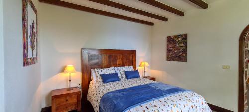 um quarto com uma cama com lençóis azuis e 2 candeeiros em CASA LOS POLVEROS em Fuencaliente de la Palma