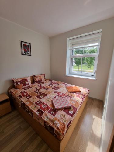 a bedroom with a bed with a quilt and a window at Rodante Apartments in Druskininkai