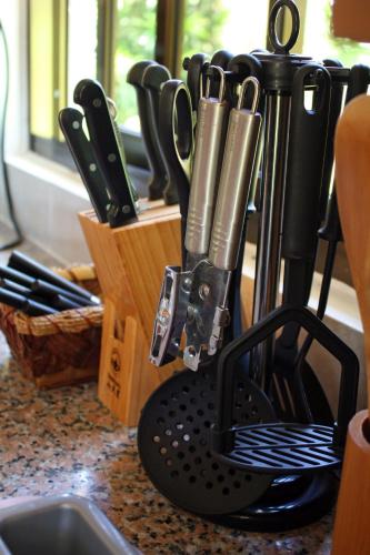 a knife block with a bunch of knives on a counter at Domaine Les Rochers in La Digue