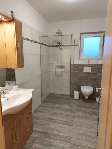 een badkamer met een douche, een wastafel en een toilet bij Appartement Lindenheim in Sankt Kanzian