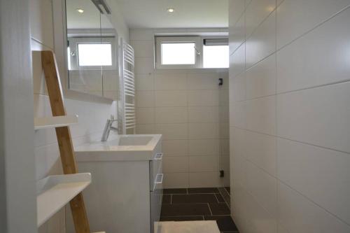 łazienka z 2 umywalkami i lustrem w obiekcie DINOS - Whole guesthouse - Nearby Groningen and lake w mieście Eelderwolde