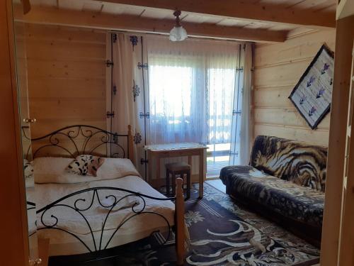 a bedroom with a bed and a couch and a window at Pod Modrzewiem in Bukowina Tatrzańska