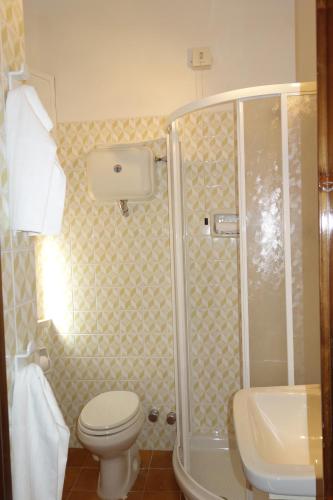 a bathroom with a shower and a toilet and a sink at Hotel Roma in Scanno