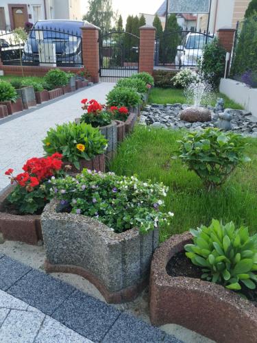 a garden with a bunch of flowers and a fountain at Konik Morski in Jastarnia