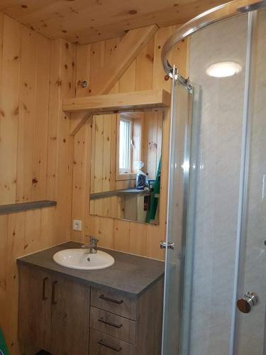 a bathroom with a sink and a shower at Greystone summerhouse in Egilsstadir