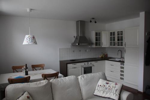 ein Wohnzimmer mit einem Sofa und einer Küche in der Unterkunft Apartment MT Čezsoča in Bovec
