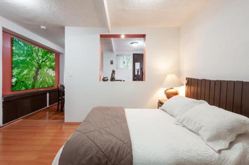 een slaapkamer met een groot bed en een raam bij Suite 5A, Altavista, Garden House, Welcome to San Angel in Mexico-Stad