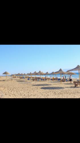 a group of umbrellas on a beach with the ocean at Cozy sunny ground chalet with terrace-Ras Sudr in Ras Sedr
