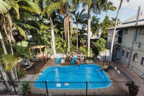 an overhead view of a swimming pool with palm trees at Mad Monkey Central in Cairns