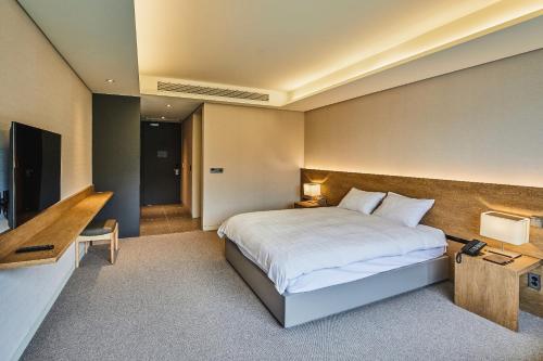 a hotel room with a bed and a television at Phoenix Hotel Pyeongchang in Pyeongchang 