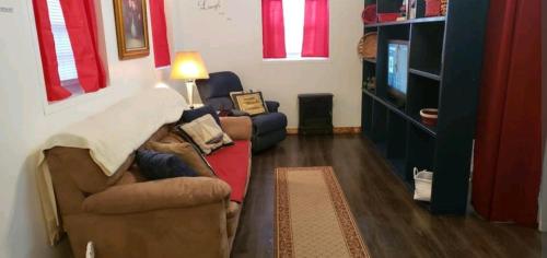 uma sala de estar com um sofá e uma televisão em Cute Shouse Unit 2 em Ozark