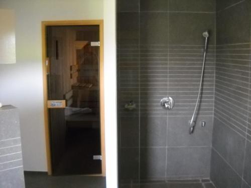 ein Badezimmer mit Dusche mit Glastür in der Unterkunft À la Belle Vue in Limbourg