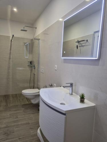 a bathroom with a sink and a toilet and a mirror at Angel wing apartmant in Duće