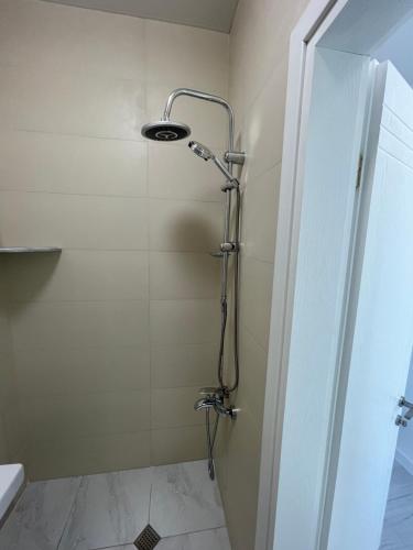 a shower in a bathroom with a glass door at Eco House in K'obulet'i