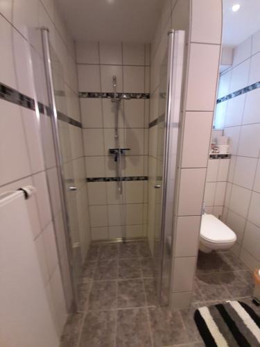 La salle de bains est pourvue d'une douche et de toilettes. dans l'établissement Ferienwohnung Inge, à Waldsassen