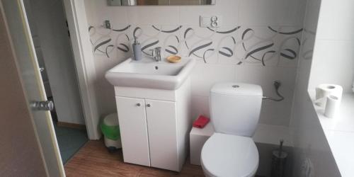 a bathroom with a white sink and a toilet at Lemanka in Gowidlino