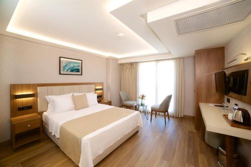 a hotel room with a large bed and a desk at Erboy Hotel Istanbul Sirkeci in Istanbul