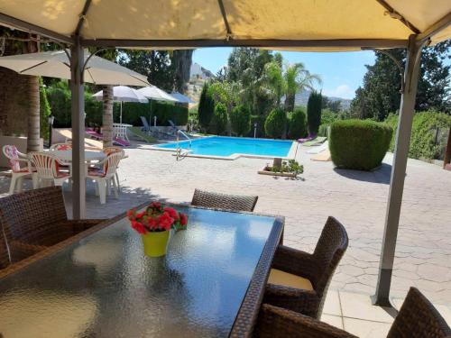 a table with a vase of flowers on top at Zena Holiday Villa in Pissouri
